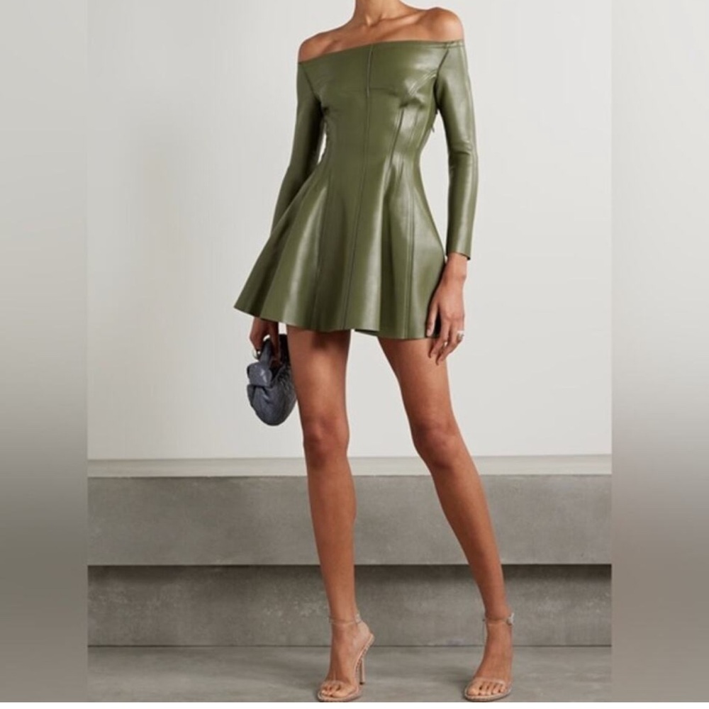 NWT Norma Kamali Off Shoulder LS Grace Mini Dress Military Olive Mini Dress M 38